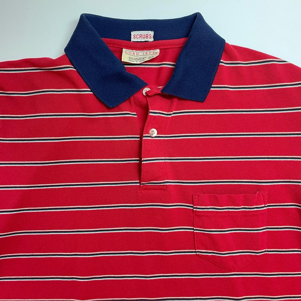 Vintage Lord Jeff Short Sleeve Polo Shirt SZ L Mens Red Striped Made in Japan